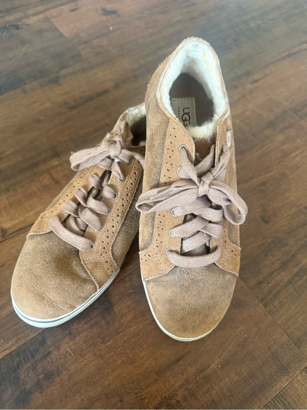 UGG Women's Suede Lace-Up Sneakers in Tan Suede with Cream Shearling